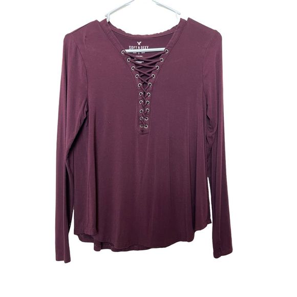 American Eagle Outfitters Tops - American Eagle Soft & Sexy Burgundy Lace Up Long Sleeve Top Small